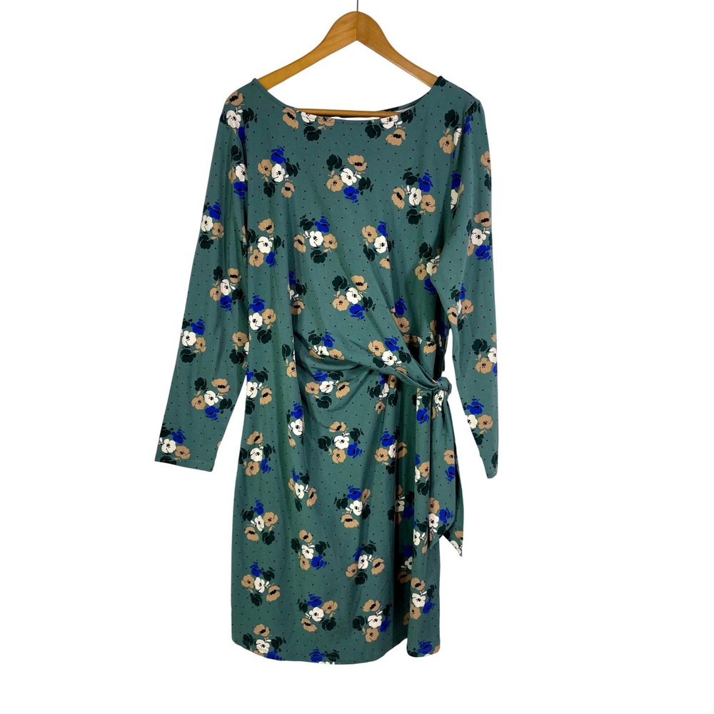 Lands' End Green Floral Long Sleeve Tie-Waist Dress